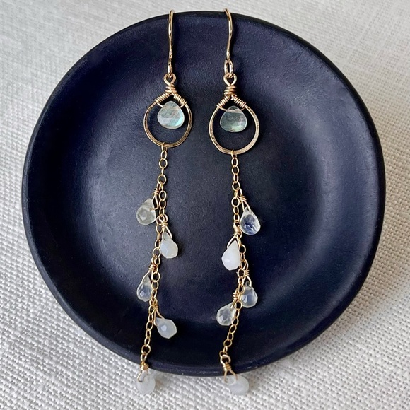 Hushwink Jewelry - Gold Filled Laboradite, Moonstone and Quartz Drop Earrings - Bridal Earrings
